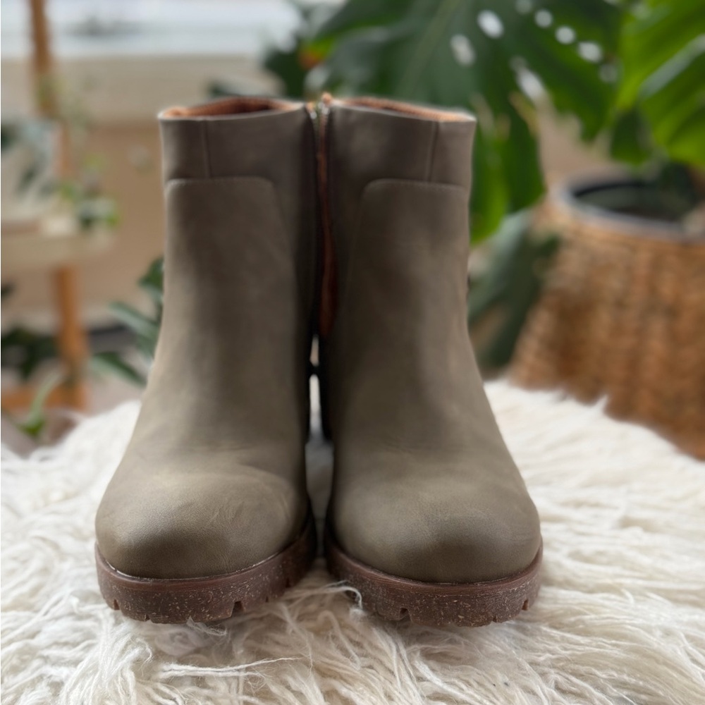 Kork-Ease Olive Taupe Suede Ankle Boots with Stacked Heel